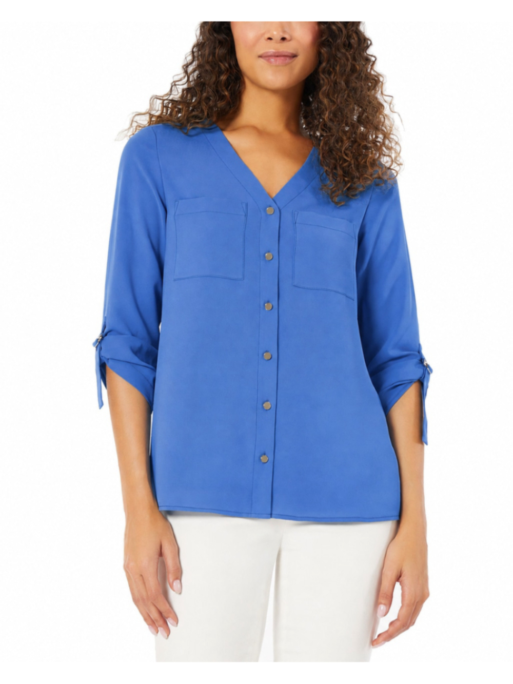 Jones New York Women's Large Sky Blue Roll Cuff Chiffon Blouse NWT